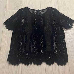 Vintage Black 100% Lace Eyelash Sheath Top Tee XS